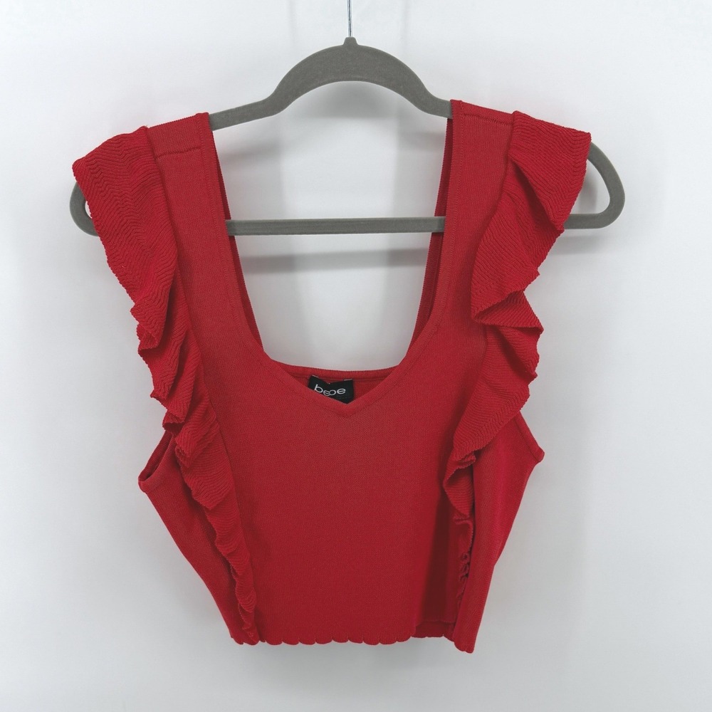 Bebe Crop Top Ruffle Shoulder Medium Red Womens Ribbed Knit Square Neck Sexy